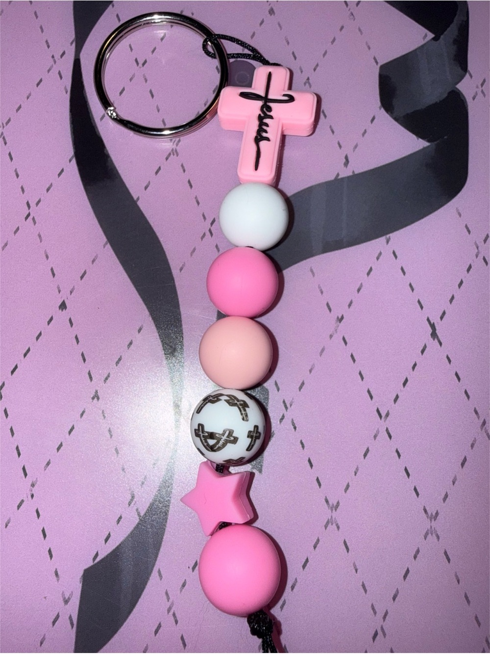 Pink Cross Bead Keychain